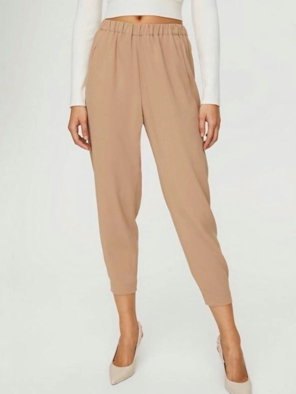 Babaton Dexter Pull On Ankle Pant Khaki Tan Classic Trouser Elastic Waist Medium